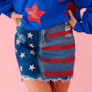 Judith March USA American Flag Rhinestone Stars Denim Skirt